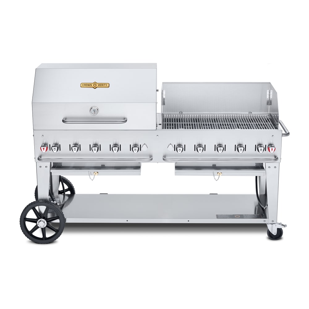 Crown Verity CV-MCB-72RWP-NG 70" Mobile Gas Commercial Outdoor Charbroiler w/ Roll Dome & Wind Guard, Natural Gas