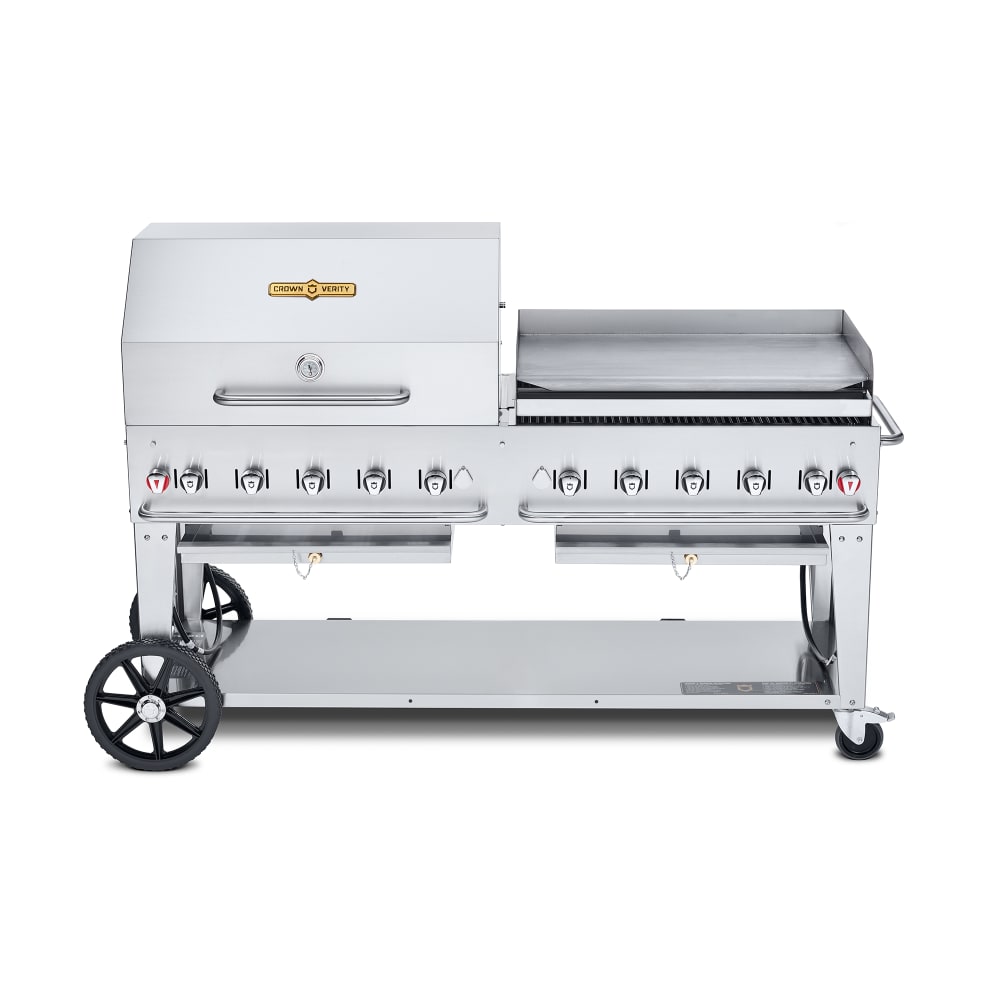 Crown Verity CV-MCB-72-SI50/100-RGP 70" Mobile Gas Commercial Outdoor Charbroiler w/ Griddle, Liquid Propane