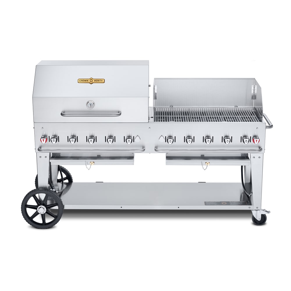 Crown Verity CV-MCB-72-SI50/100-RWP 70" Mobile Gas Commercial Outdoor Charbroiler w/ Roll Dome & Wind Guard, Liquid Propane