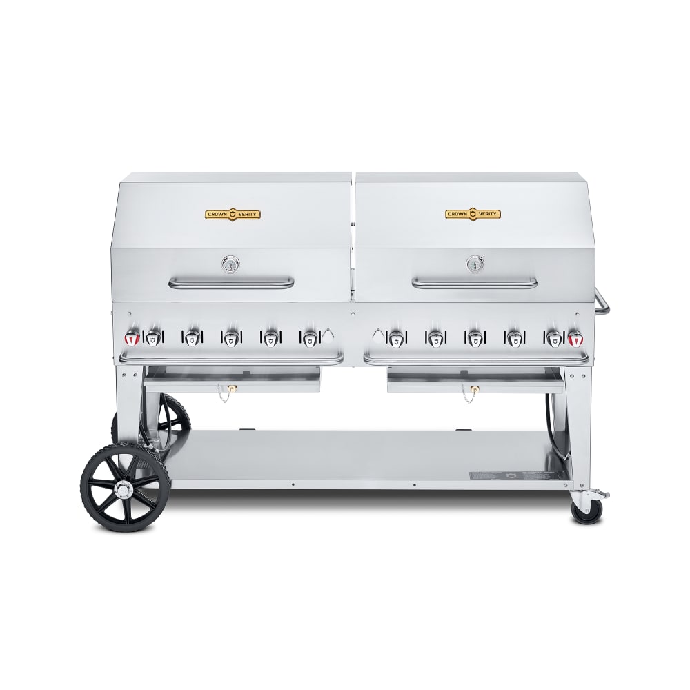 Crown Verity CV-MCB-72-SI-BULK-RDP 72" Mobile Gas Commercial Outdoor Charbroiler w/ Roll Domes, Liquid Propane