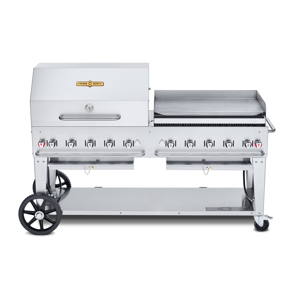 Crown Verity CV-MCB-72-SI-BULK-RGP 70" Mobile Gas Commercial Outdoor Charbroiler w/ Griddle, Liquid Propane
