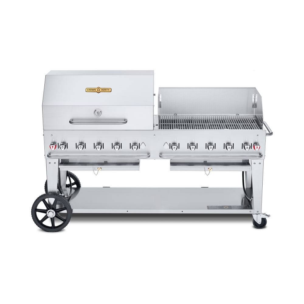 Crown Verity CV-MCB-72-SI-BULK-RWP 70" Mobile Gas Commercial Outdoor Charbroiler w/ Roll Dome & Wind Guard, Liquid Propane