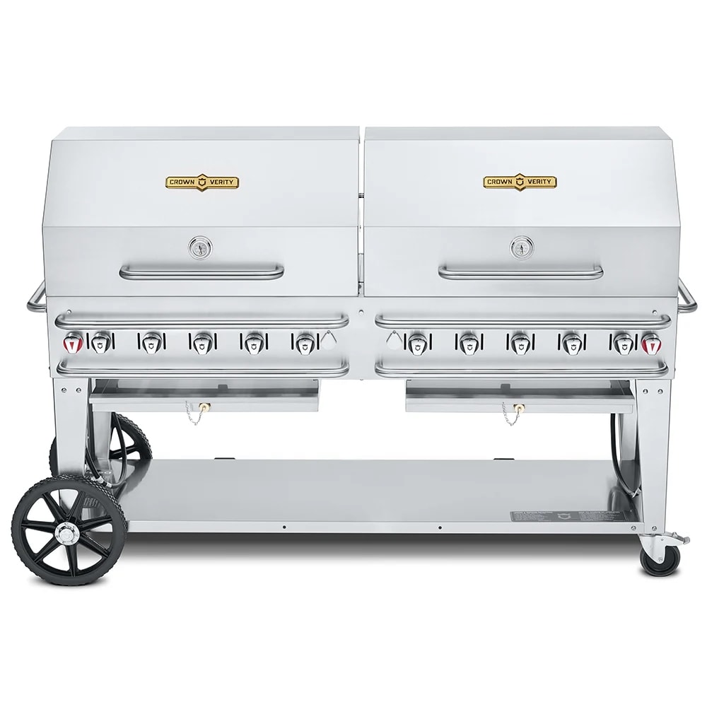 Crown Verity CV-RCB-72RDP-SI-BULK 70" Mobile Gas Commercial Outdoor Grill w/ Roll Domes, Liquid Propane