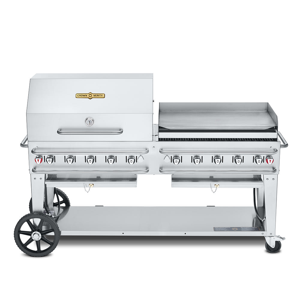 Crown Verity CV-RCB-72RGP-SI-BULK 70" Mobile Gas Commercial Outdoor Grill w/ Roll Dome, Liquid Propane