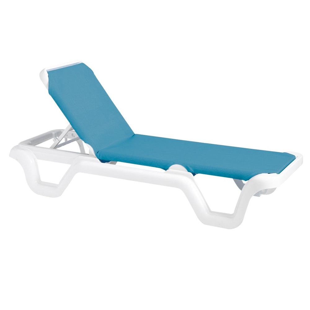 Grosfillex US404194 Marina Outdoor Chaise w/ Adjustable Back - Sky Blue Fabric w/ White Resin Frame