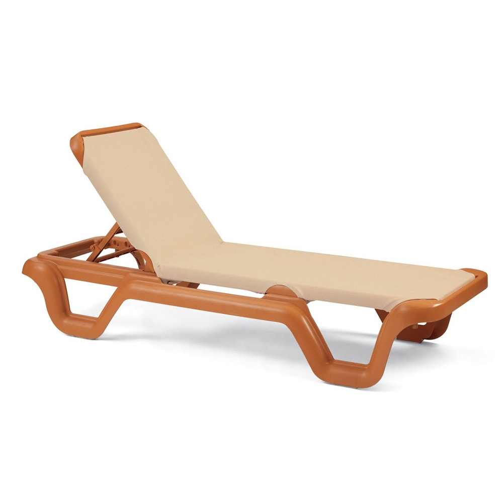 Grosfillex US414108 Marina Outdoor Chaise w/ Adjustable Back - Khaki Fabric w/ Brown Resin Frame