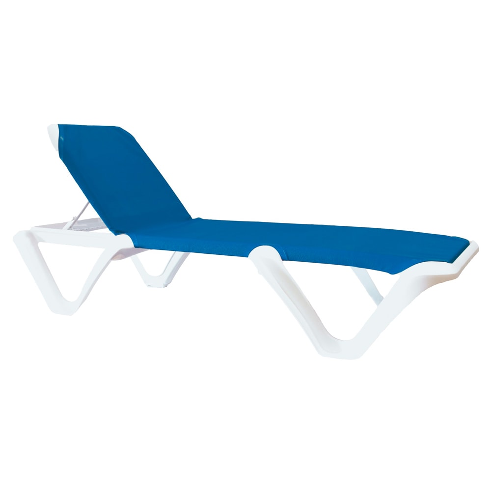 Grosfillex US891104 Nautical Pro Outdoor Stackable Chaise - Blue Fabric w/ White Resin Frame