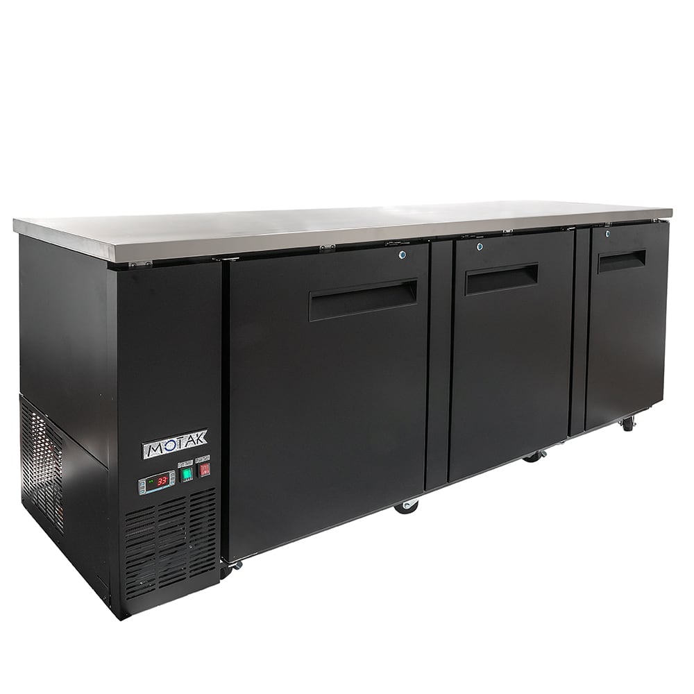 MoTak MBB-3D-90-X 90 3/8" Bar Refrigerator - 3 Swinging Solid Doors, Black, 115v