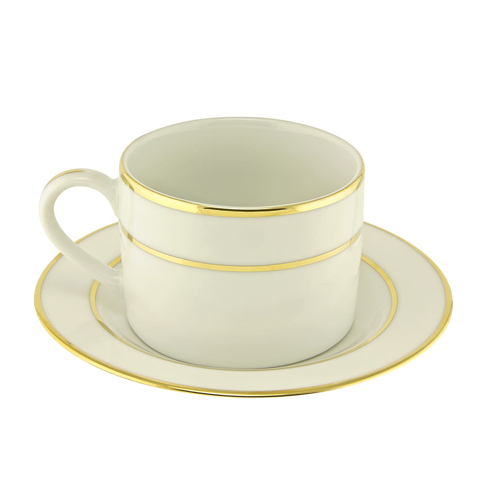 10 Strawberry Street 6 oz Double Gold Line Cup & Saucer Set - Porcelain, Cream/Gold (CGLD0009)