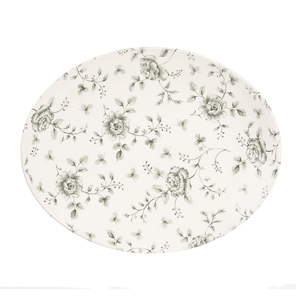 Churchill Oval Vintage Prints Plate - 12 1/2" x 10", Ceramic, Gray Rose Chintz (RCGOP121)