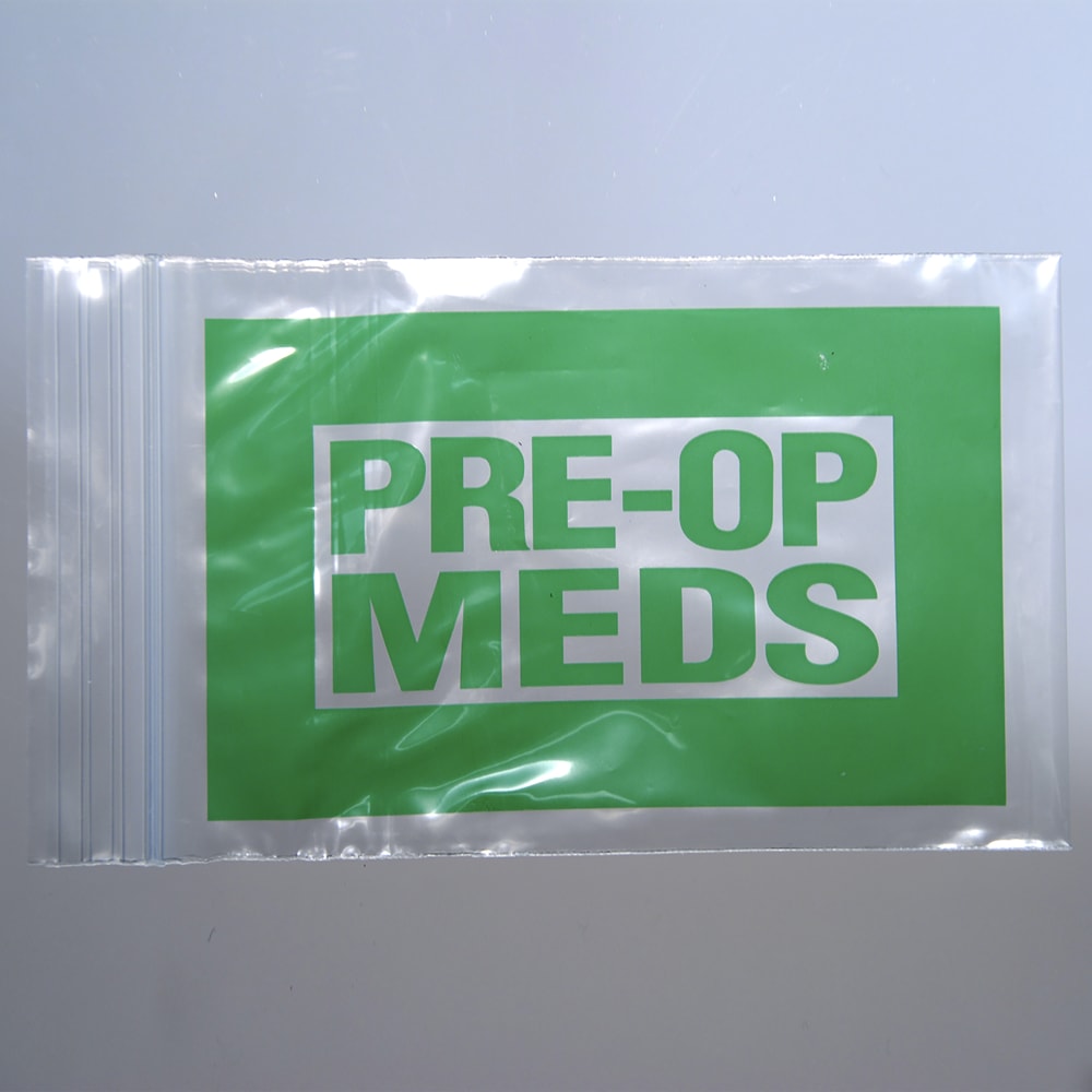 LK Packaging Resealable "Pre-Op Meds" Bag - 6"L x 4"W, 2 mil LDPE, Clear (F20406PM)