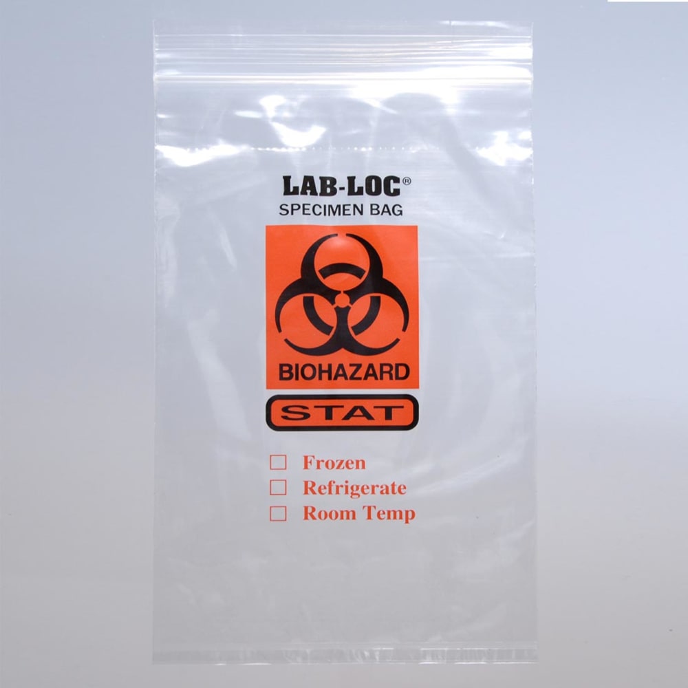 LK Packaging Lab-Loc® Reclosable 3-Wall Specimen Bags - 6" x 6", Polyethylene, Clear, Printed "STAT" (LAB20606STAT)