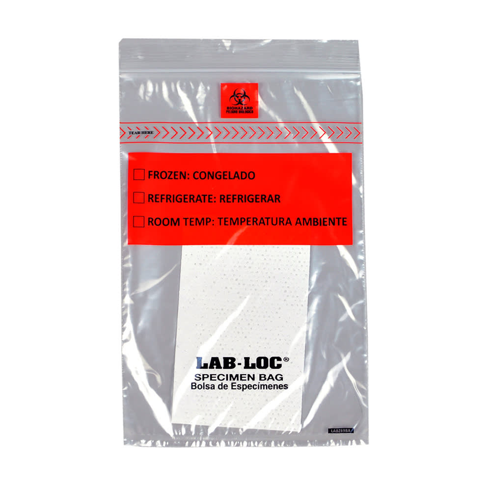LK Packaging Lab-Loc® Specimen Bags w/ Removable Biohazard Symbol & Pad - 6" x 9", Polyethylene, Clear (LABZ69BA)
