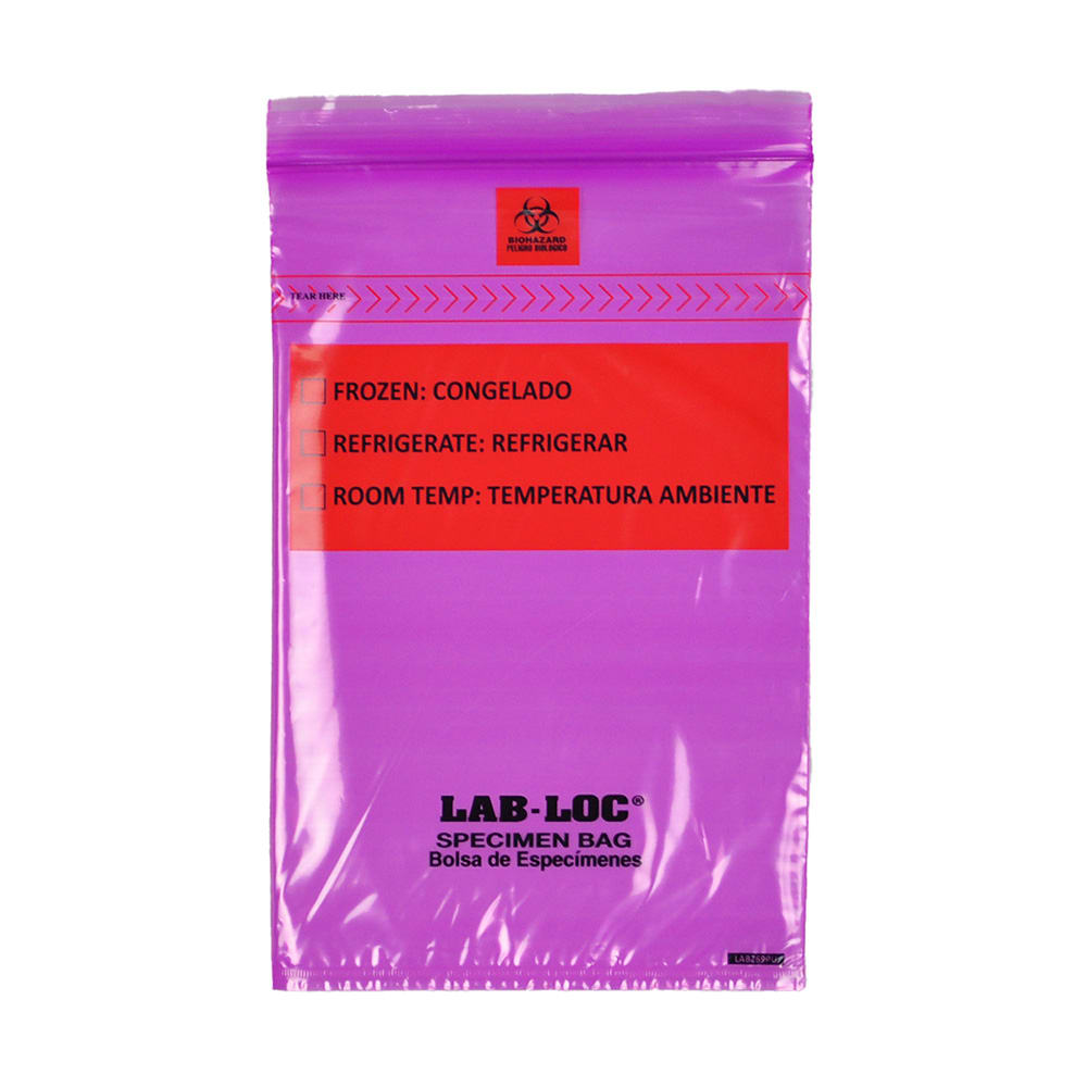 LK Packaging Lab-Loc® Specimen Bags w/ Removable Biohazard Symbol - 6" x 9", Polyethylene, Purple (LABZ69PU)