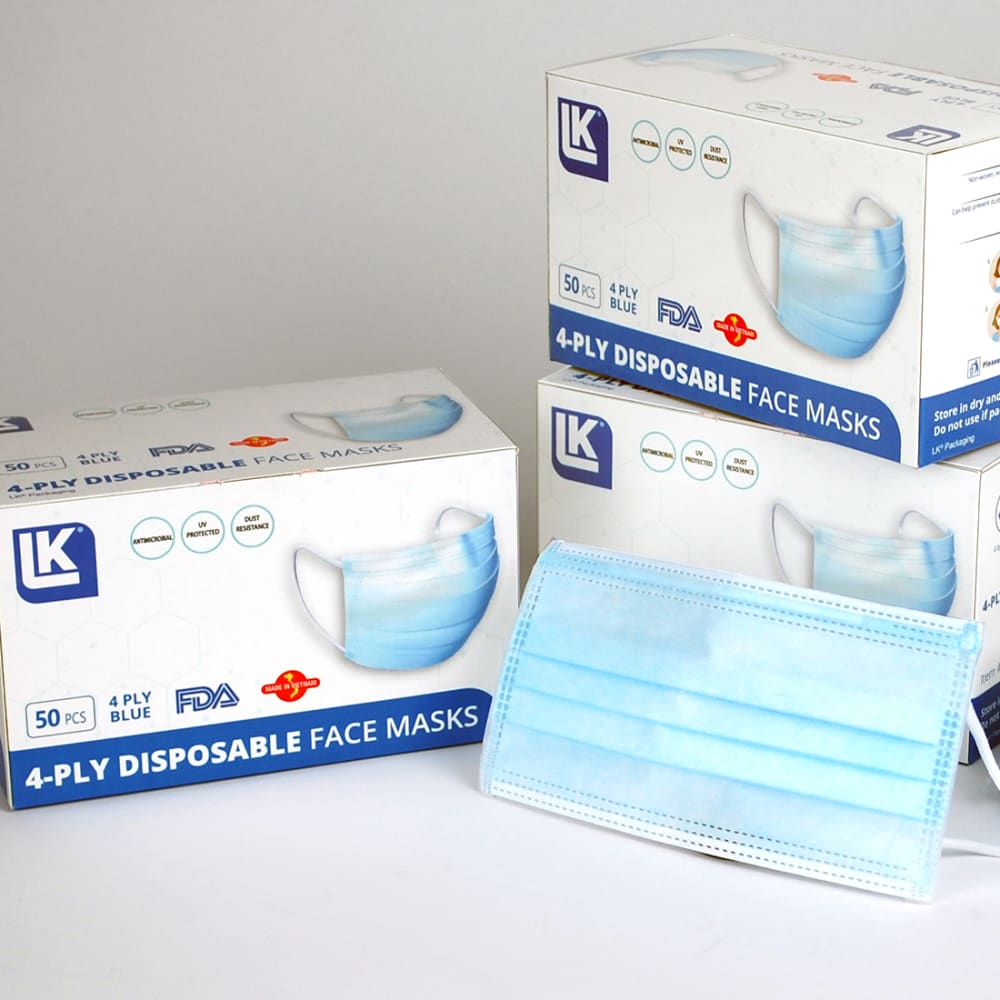 LK Packaging Disposable 3-Ply Face Masks - 7" x 3 5/8", Non Woven, Blue (MASK)