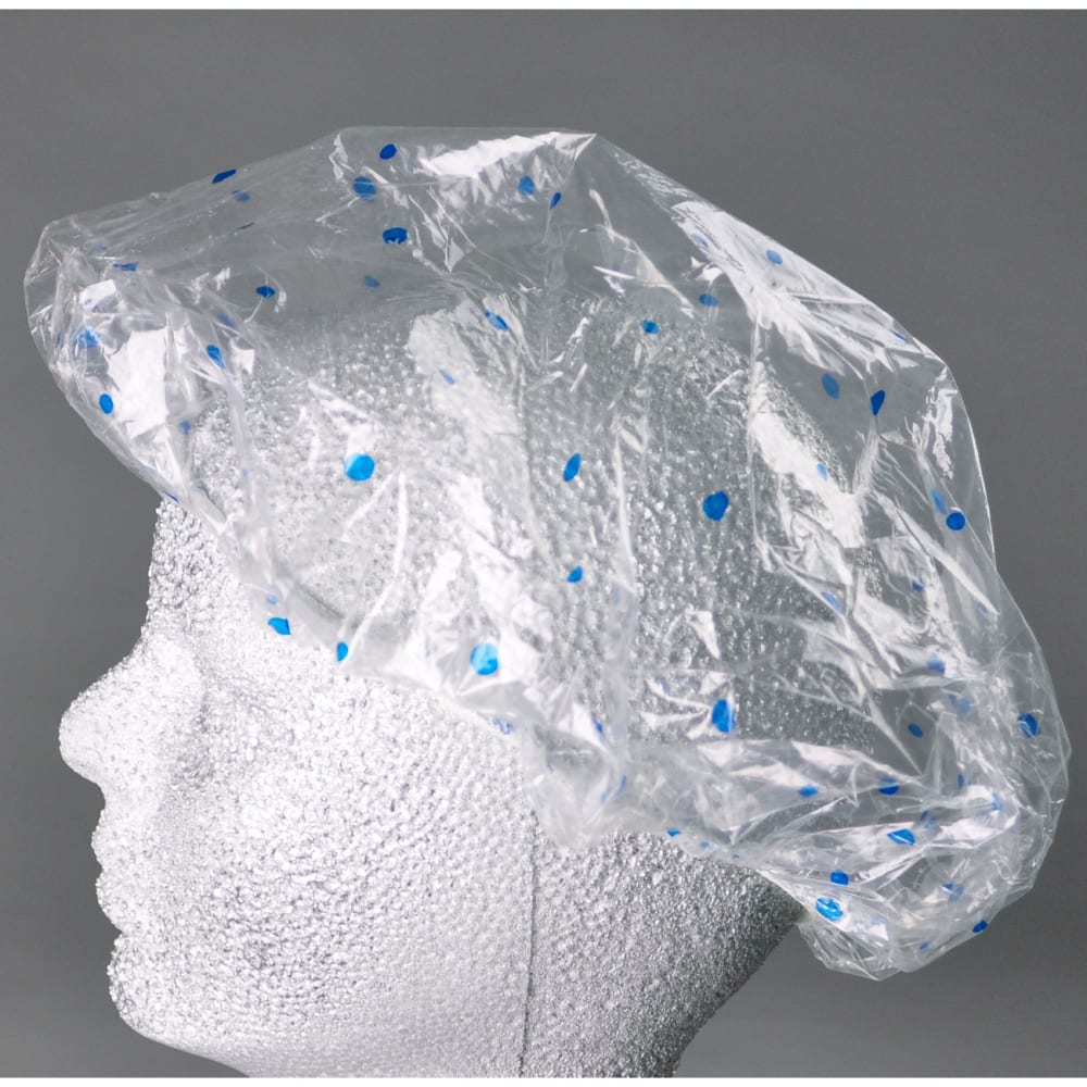 LK Packaging Shower Cap w/ Elastic Band - Poly, Clear w/ Blue Dots (SC20)