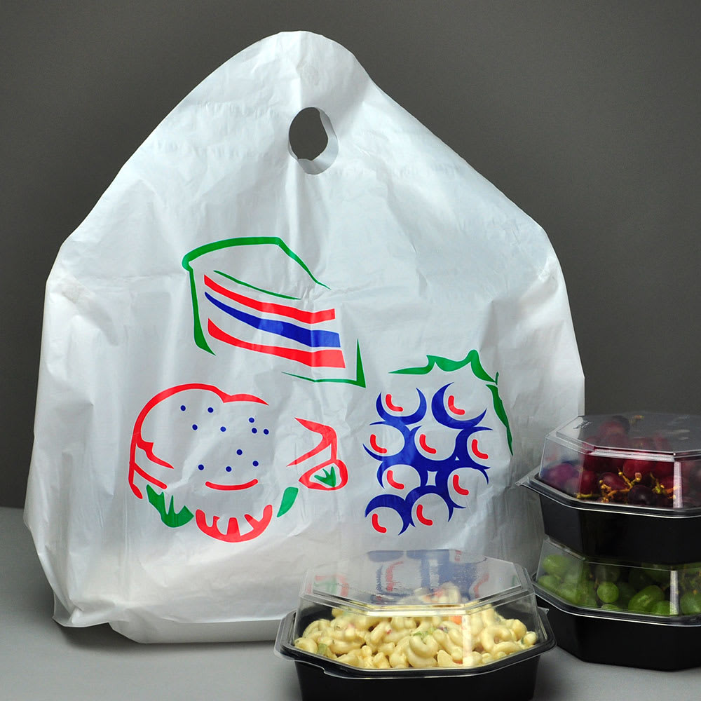 LK Packaging Printed Poly Take-Out Bag w/ Handles - 13" x 12" x 5", White (TO12135P)