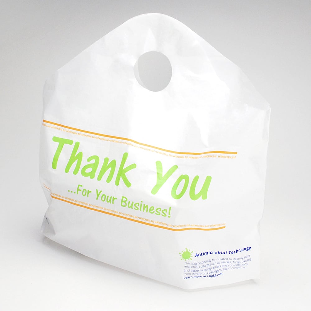 LK Packaging Printed Poly Take Out Bag w/ Handles - 16 1/2" x 14" x 6", White (TO165146CV)
