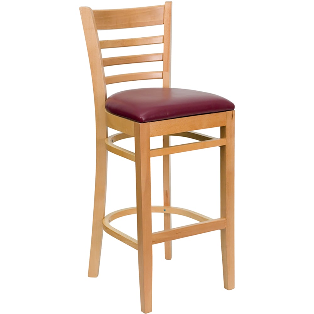 Flash Furniture XU-DGW0005BARLAD-NAT-BURV-GG Bar Stool w/ Ladder Back & Burgundy Vinyl Seat, Natural