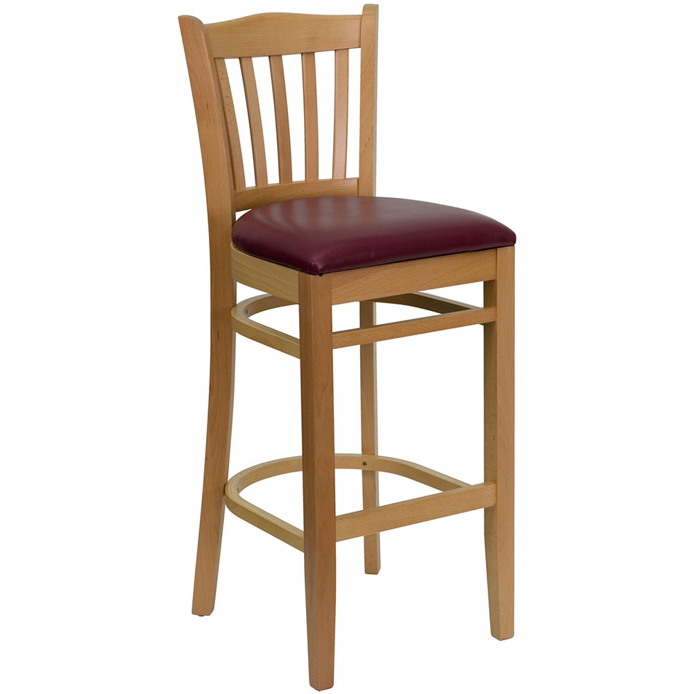 Flash Furniture XU-DGW0008BARVRT-NAT-BURV-GG Bar Stool w/ Vertical Slat Back & Burgundy Vinyl Seat, Natural