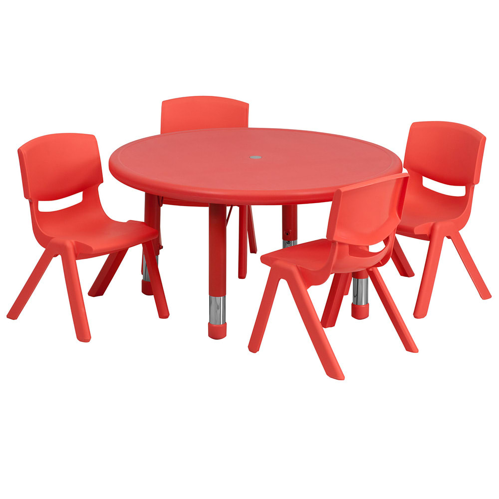 Flash Furniture YU-YCX-0073-2-ROUND-TBL-RED-E-GG 33" Round Preschool Activity Table & (4) Chair Set - Plastic Top, Red