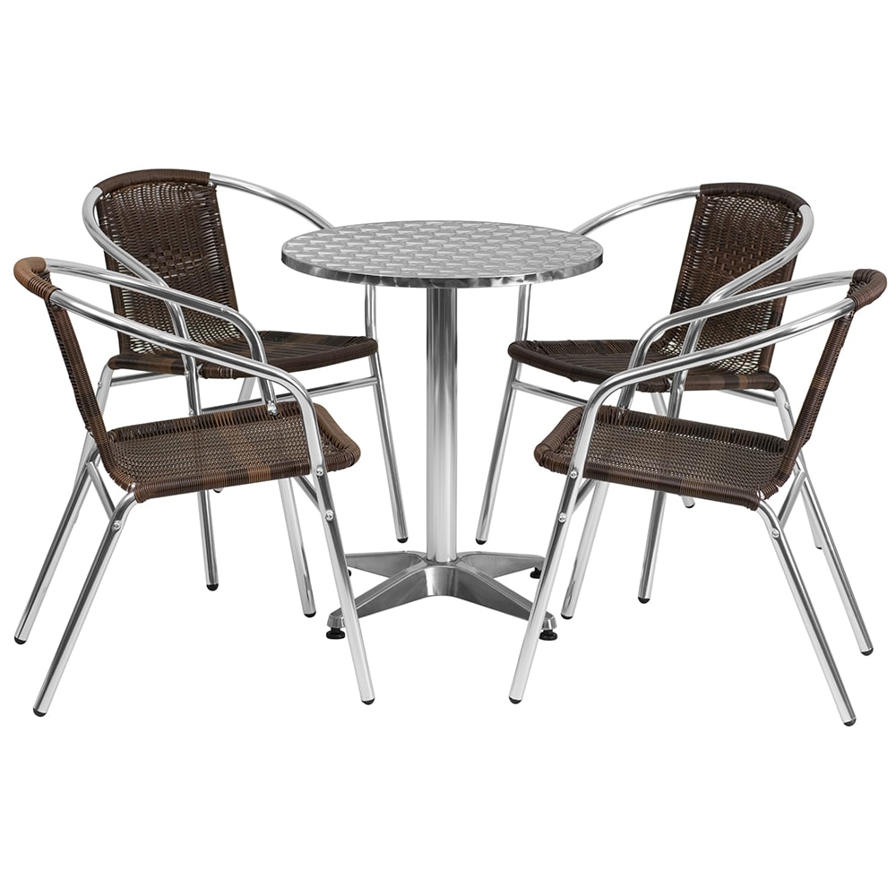 Flash Furniture TLH-ALUM-24RD-020CHR4-GG 23 1/2" Round Patio Table & (4) Brown Rattan Arm Chair Set - Stainless Top, Aluminum Base