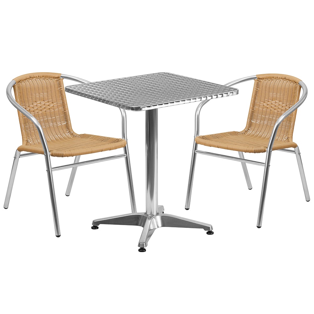 Flash Furniture TLH-ALUM-24SQ-020BGECHR2-GG 23 1/2" Square Patio Table & (2) Beige Rattan Arm Chair Set - Stainless Top, Aluminum Base