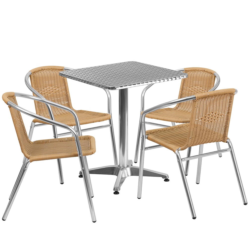 Flash Furniture TLH-ALUM-24SQ-020BGECHR4-GG 23 1/2" Square Patio Table & (4) Beige Rattan Arm Chair Set - Stainless Top, Aluminum Base