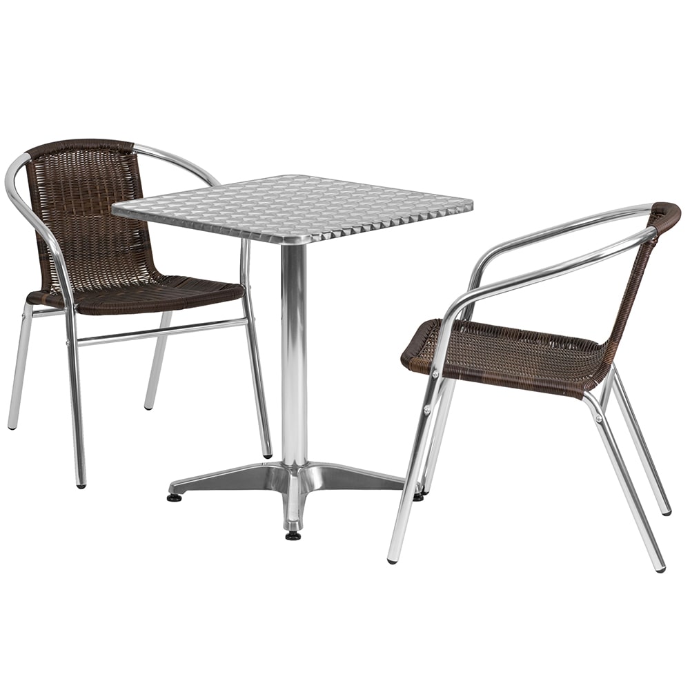Flash Furniture TLH-ALUM-24SQ-020CHR2-GG 23 1/2" Square Patio Table & (2) Brown Rattan Arm Chair Set - Stainless Top, Aluminum Base