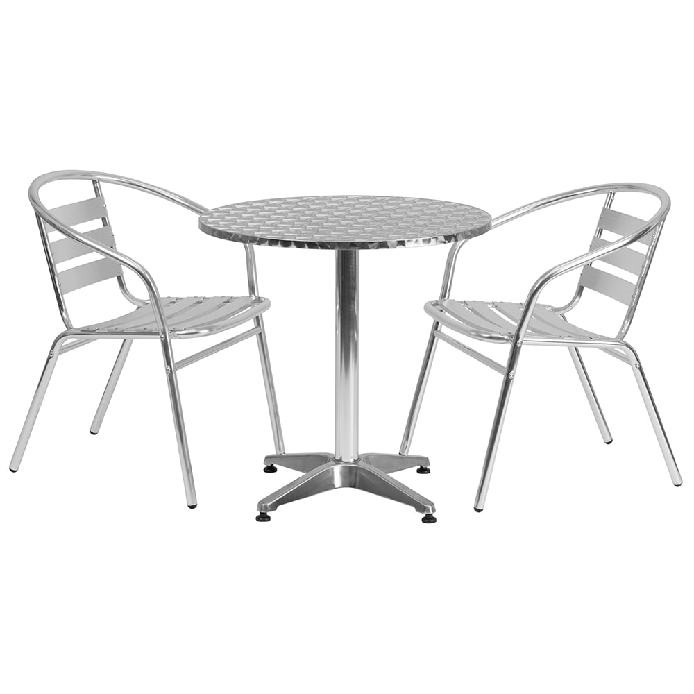 Flash Furniture TLH-ALUM-28RD-017BCHR2-GG 27 1/2" Round Patio Table & (2) Arm Chair Set - Stainless Steel Top, Aluminum Base