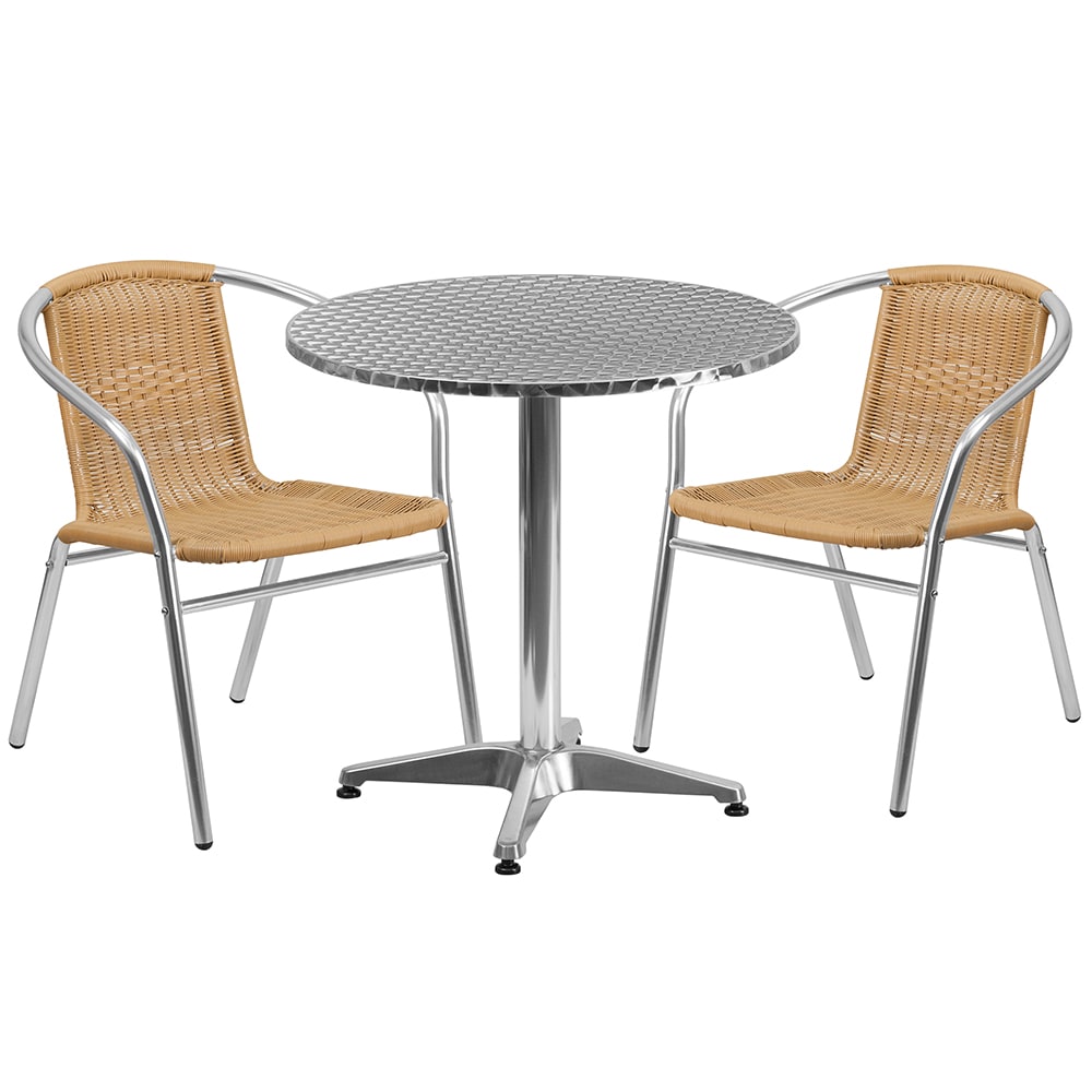 Flash Furniture TLH-ALUM-28RD-020BGECHR2-GG 27 1/2" Round Patio Table & (2) Beige Rattan Arm Chair Set - Stainless Top, Aluminum Base
