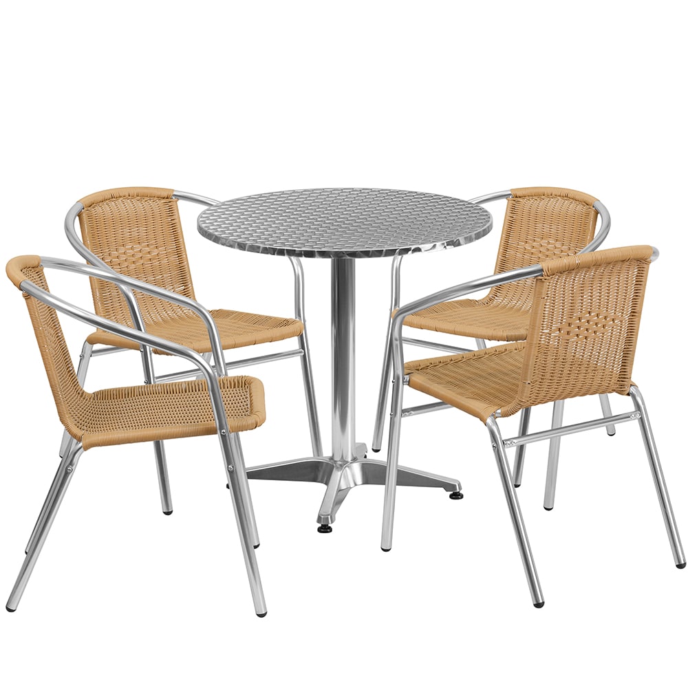Flash Furniture TLH-ALUM-28RD-020BGECHR4-GG 27 1/2" Round Patio Table & (4) Beige Rattan Arm Chair Set - Stainless Top, Aluminum Base