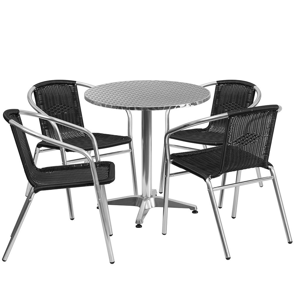 Flash Furniture TLH-ALUM-28RD-020BKCHR4-GG 27 1/2" Round Patio Table & (4) Black Rattan Arm Chair Set - Stainless Top, Aluminum Base