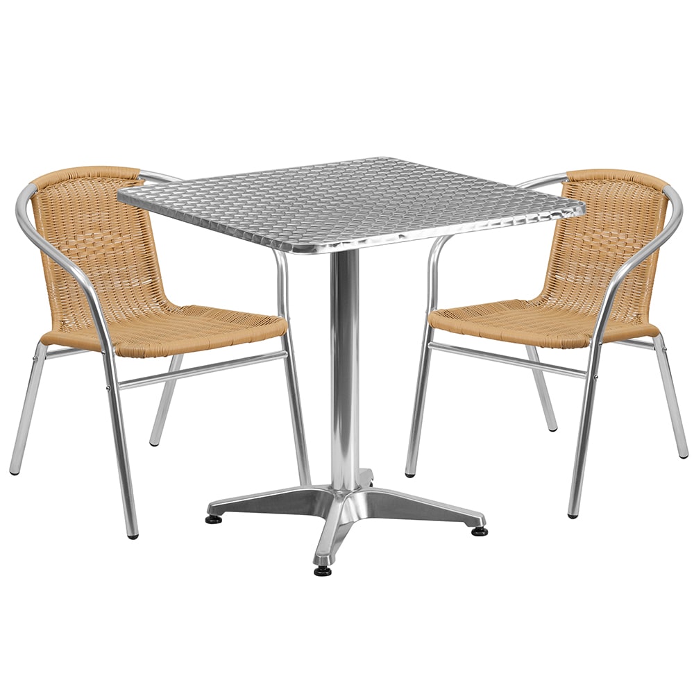 Flash Furniture TLH-ALUM-28SQ-020BGECHR2-GG 27 1/2" Square Patio Table & (2) Beige Rattan Arm Chair Set - Stainless Top, Aluminum Base