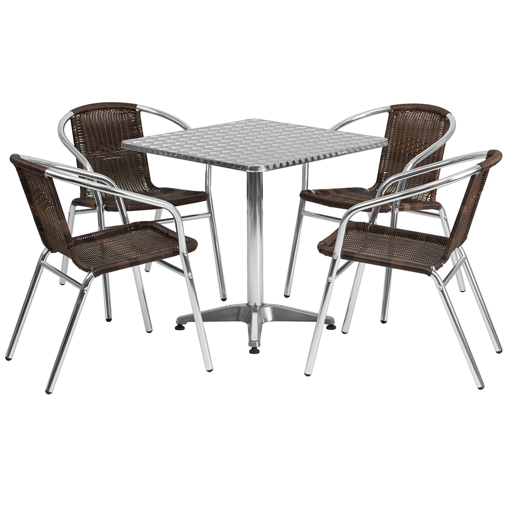 Flash Furniture TLH-ALUM-28SQ-020CHR4-GG 27 1/2" Square Patio Table & (4) Brown Rattan Arm Chair Set - Stainless Top, Aluminum Base