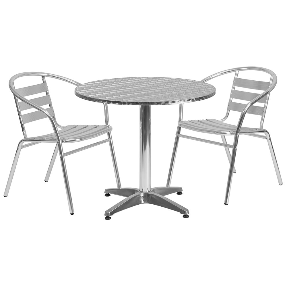 Flash Furniture TLH-ALUM-32RD-017BCHR2-GG 31 1/2" Round Patio Table & (2) Arm Chair Set - Stainless Steel Top, Aluminum Base