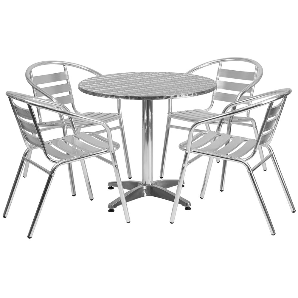Flash Furniture TLH-ALUM-32RD-017BCHR4-GG 31 1/2" Round Patio Table & (4) Arm Chair Set - Stainless Steel Top, Aluminum Base