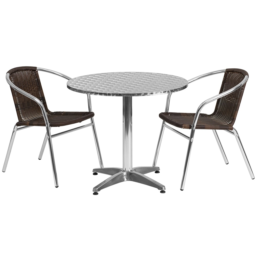 Flash Furniture TLH-ALUM-32RD-020CHR2-GG 31 1/2" Round Patio Table & (2) Brown Rattan Arm Chair Set - Stainless Top, Aluminum Base