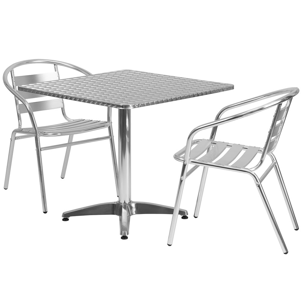 Flash Furniture TLH-ALUM-32SQ-017BCHR2-GG 31 1/2" Square Patio Table & (2) Arm Chair Set - Stainless Steel Top, Aluminum Base