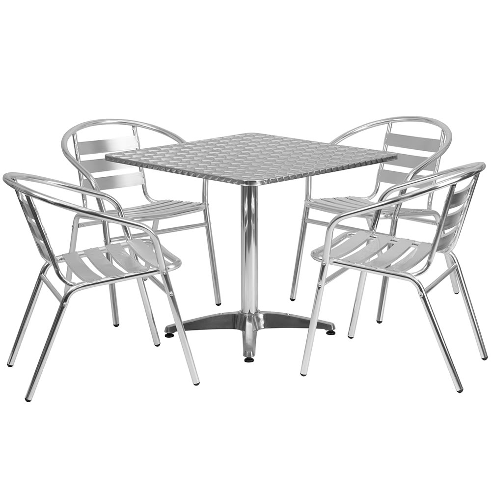 Flash Furniture TLH-ALUM-32SQ-017BCHR4-GG 31 1/2" Square Patio Table & (4) Arm Chair Set - Stainless Steel Top, Aluminum Base