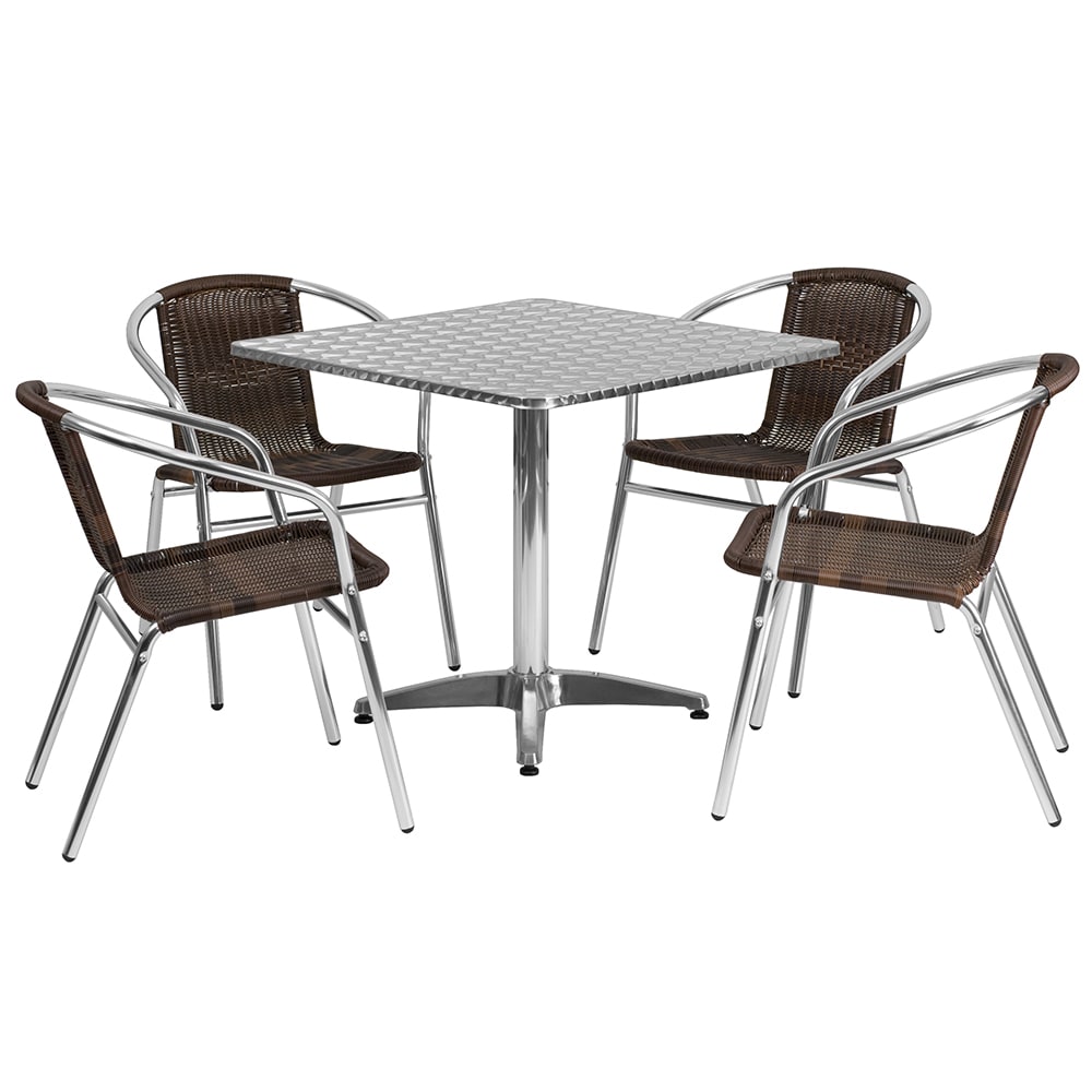 Flash Furniture TLH-ALUM-32SQ-020CHR4-GG 31 1/2" Square Patio Table & (4) Brown Rattan Arm Chair Set - Stainless Top, Aluminum Base
