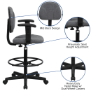 Flash Furniture BT-659-GRY-ARMS-GG Swivel Drafting Stool w/ Arms & Low Back - Gray Polyester Upholstery thumbnail 6