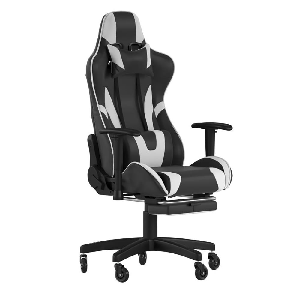 Flash Furniture CH-187230-BK-RLB-GG Swivel Gaming Chair w/ Footrest - LeatherSoft Back & Seat, Black/White