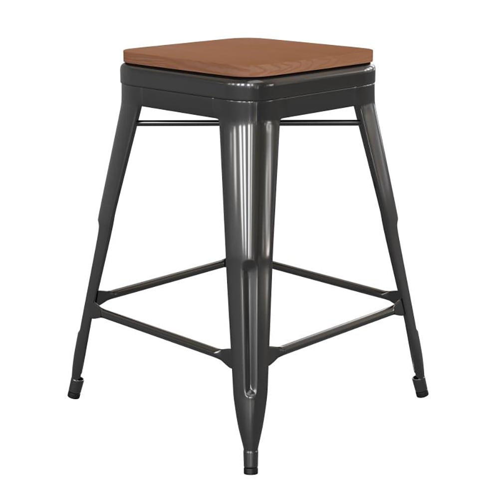 Flash Furniture CH-31320-24-BK-PL2T-GG Counter Height Backless Stool w/ Wood Seat - Steel, Black