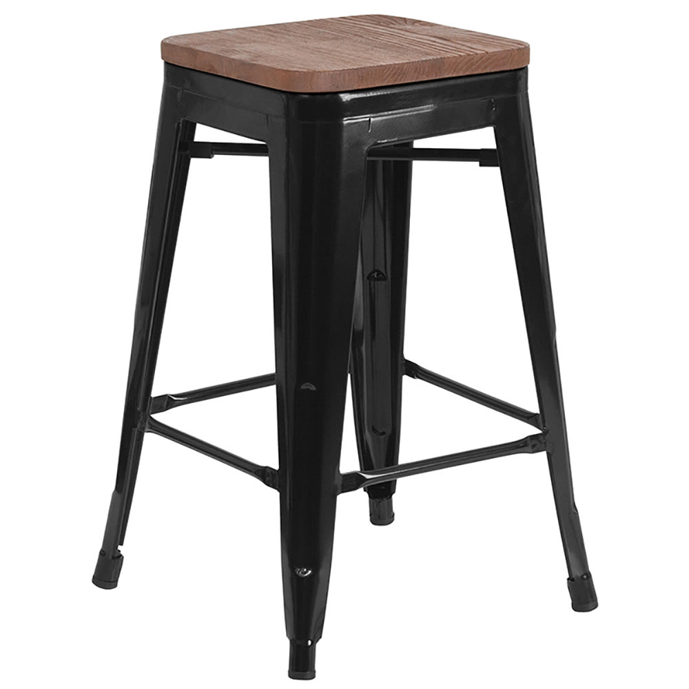 Flash Furniture CH-31320-24-BK-WD-GG Counter Height Backless Stool w/ Wood Seat, Black