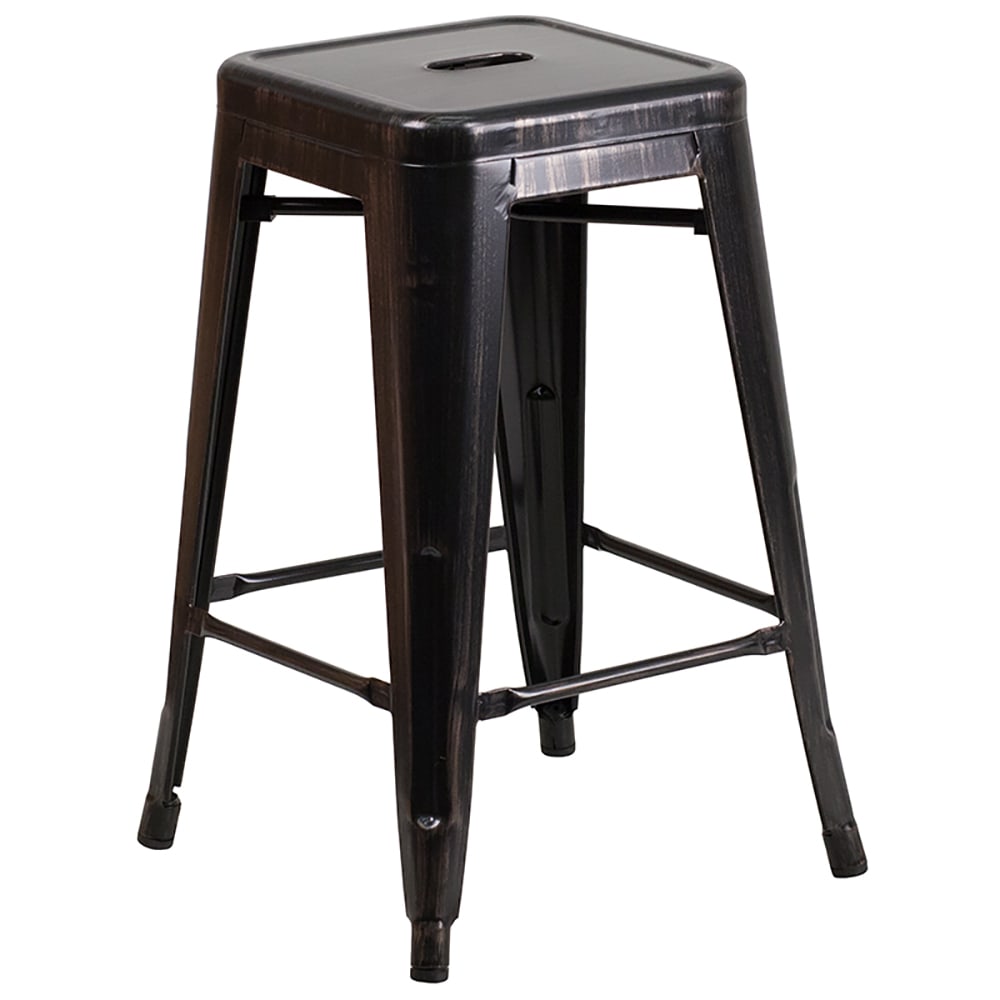 Flash Furniture CH-31320-24-BQ-GG Counter Height Backless Stool w/ Metal Seat, Black Antique Gold