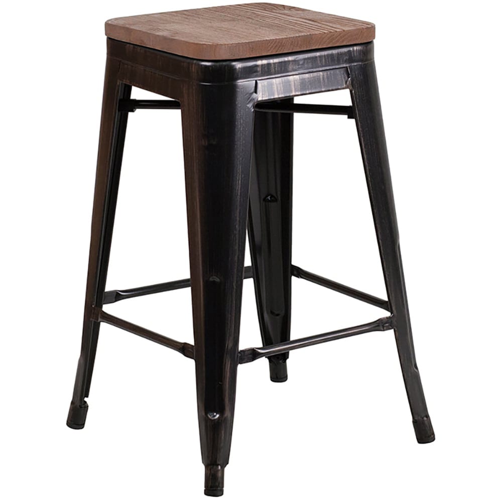 Flash Furniture CH-31320-24-BQ-WD-GG Counter Height Backless Stool w/ Wood Seat, Black Antique Gold