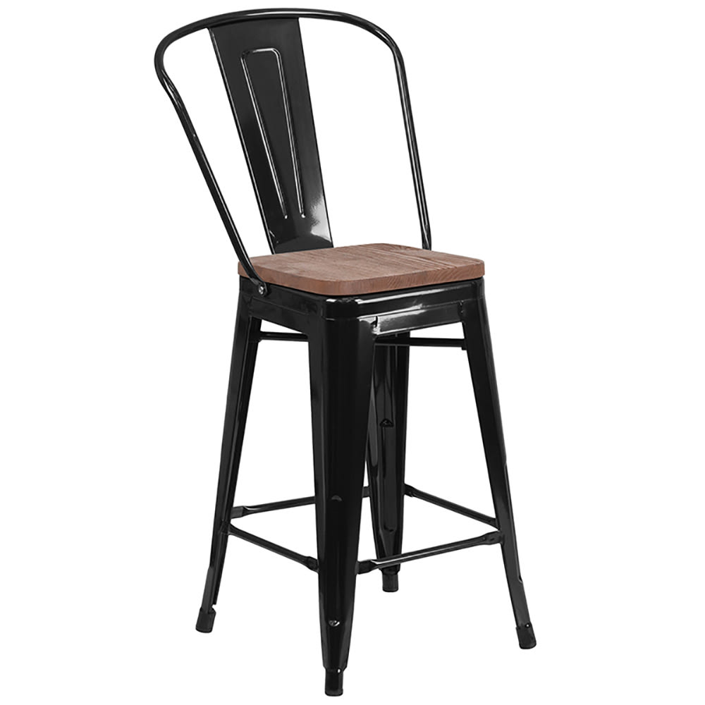 Flash Furniture CH-31320-24GB-BK-WD-GG Counter Height Bar Stool w/ Curved Back & Wood Seat, Black