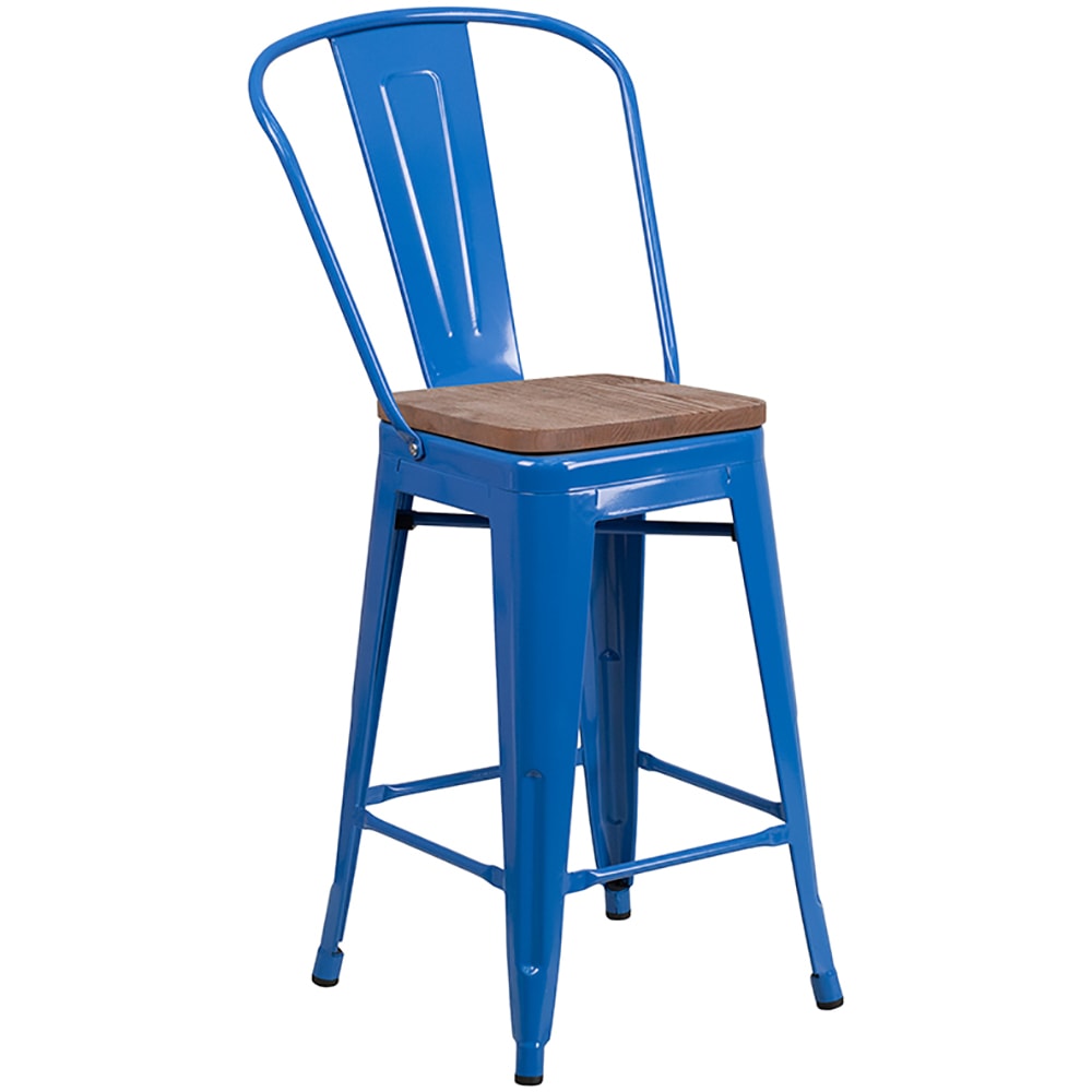 Flash Furniture CH-31320-24GB-BL-WD-GG Counter Height Bar Stool w/ Curved Back & Wood Seat, Blue