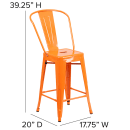 Flash Furniture CH-31320-24GB-OR-GG Counter Height Bar Stool w/ Curved Back & Metal Seat, Orange thumbnail 2